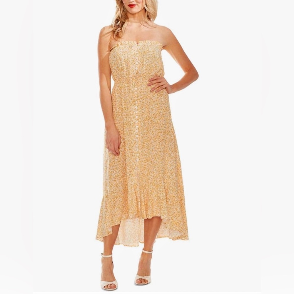 Vince Camuto Yellow Floral Strapless High Low Button Front Midi Dress Size XS